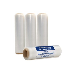 Hand-wrapped PE Stretch film, Clear, 18in x 550ft x 90gauge, 4 rolls/ctn